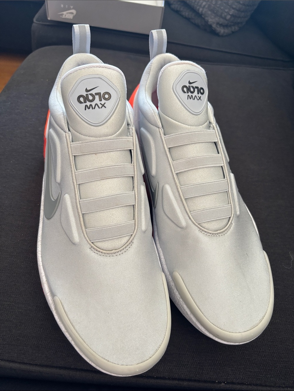 Nike Auto Max Slip-On Sneakers in Light Gray with Orange Heel Accent